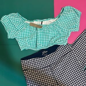 NWT J. Crew SET gingham workout set, leggings, bra/swim top $125 summer Madewell